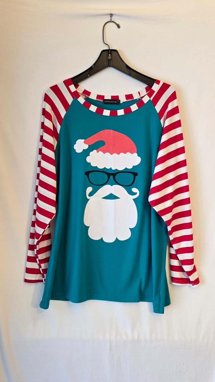 Santa Glasses Long Sleeve Top 3XL Green Red White Striped
